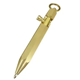 Pennor ACMECN Ny ankomst 90mm Mini Pocket Ball Pen med nyckelring Pure Brass Ballpoint Pen Gun Style Hexagonal Copper Tactical Penns
