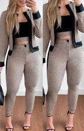 Two Piece Set Women Outfit Spring Fashion Plaid Print Contrast Paneled Open Front Long Sleeve Coat Elegant Skinny Pants Set 240410