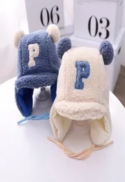 Winter Baby Boys Letter P Lamb Velvet Earflap Hat Double Pompom Cap For Kids Toddler Bonnet 2205137006910