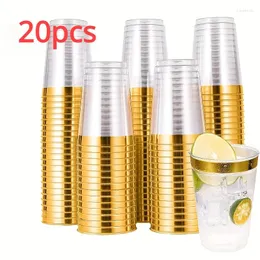 使い捨てカップストロー20pcs 10オンスの透明な金色の縁取りプラスチックワイングラス結婚式やパーティーのためのエレガントなタンブラー