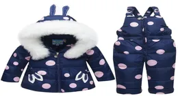 Kids Baby Girl Rabbit Ear Fur Hooded Coat Ski Snow Suit JacketBib Pants Overalls Dotted Down Clothes LJ2011262113172