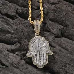 Top Quality Hip Hop Double Layered Fatima Hand Pendant Necklace Copper Set Cubic Zirconia Personalized Bling Crystal Rapper Necklaces For Men And Women Collar