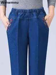 Kvinnors jeans mamma broderi rak kvinnor casual baggy denim byxor vintage elegant stor storlek l-5xl vaqueros hög midja kot pantolon