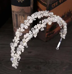 Vintage Wedding Bridal Crystal Rhinestone Pearl Beaded Hair Accessories Headband Band Crown Tiara Ribbon Headpiece Jewelry Set5424784