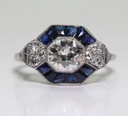 Antyczna biżuteria 925 Srebrna Diamond Sapphire Sapphire Wedding zaręczynowy Art Deco Ring Rozmiar 5127050443