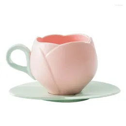 Becher kreativer Tulpen -Form -Keramik Kaffeetassen mit Gericht handgefertigt unregelmäßig Blumenmilch Tee Tasse Haferflocken Frühstücksbecher Getränkewaren