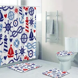 Shower Curtains Nautical Navy Blue Anchor Wheel Rope Lighthouse Curtain Set For Kid Sea Marine Bathroom Bath Rugs Mats Home Decor