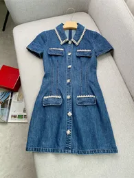 봄 여름 파란색 단색 패널 데님 드레스 짧은 소매 옷판 목 라인 스톤 싱글 브레스트 캐주얼 드레스 J4A12B116