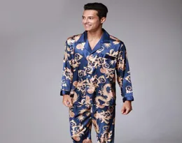 Herren Seiden Satin Pyjamas Pyjamas Set Niederleger Sets Loungewear Dragon Drucken Nachtwäsche Nachtwäsche Paar 2pc Tops und Hosen groß 7769913