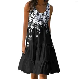 Casual Dresses Fashion Print Sling Women's Summer Street O Neck Pullover Mid-midjig Dressy ärmlös kvinnlig klädkaka kjol