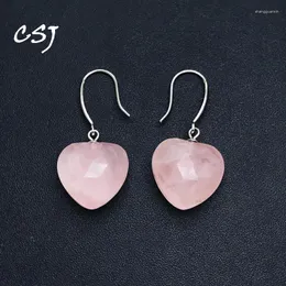 Brincos de Dangle CSJ Elegant Natural Rose Quartz Sterling 925 Prata Gemito Coração 15mm Para Mulheres Party Birthday Jewelry Gift