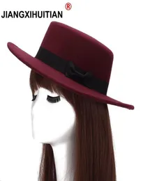 New Wool Boater Flat Top Hat For Women039s Felt Wide Brim Fedora Hat Laday Prok Pie Chapeu de Feltro Bowler Gambler Top1174923