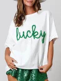 Kobiety dla kobiet Kobiety St Patricks Day Shirt cekin z krótkim rękawem Zielony Lucky Glitter Print Shamrock Funny Graphic Tee Top