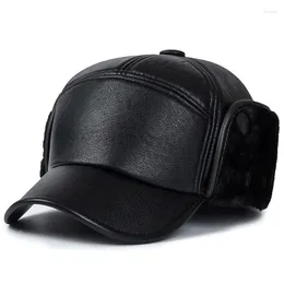 Ball Caps Winter Men's Leather Hat Thicken Sheepskin Baseball With Ears Warm Snapback Dad's Hats Sombrero De Cuero Del Hombre