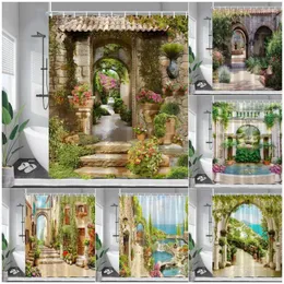 Душевые занавески итальянская пейзажа винтажная европейская городская улица цветы пейзаж сад стена висит домашний декор для ванной комнаты с крючками
