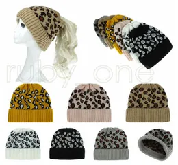 Women Leopard Bontled Caps Caps Criss Cross Ponytail Beanie Winter Warm Wool Wool Dare Knitting Hat Hat Hats Supply RRA888355