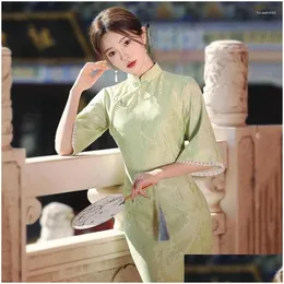 Abbigliamento etnico giovane stile cinese in stile verde mesh invertito manica grande cheongsam primaverile elegante abito quotidiano drop drop consegna un ot91y