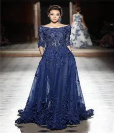 Eleganti abiti da sera in pizzo blu scuro con mezza manica aline scottatura gioiello lungo abito da ballo pavimentazione pavimento in tulle lunghezza applicata Eve4581053