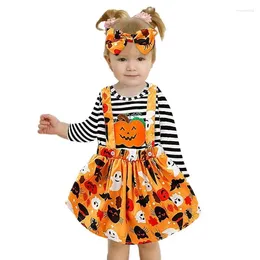 Flickaklänningar födda Halloween outfit mjuk hudvänlig romper pumpa tryck Suspender kjol pannband set baby