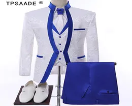 Weiß Royal Blue Rim Bühnenkleidung für Männer Anzug Set Herren Hochzeitsanzüge Kostüm Groom Smoking formelle Jackelpantsvorstellungen2258802