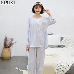 Home Clothing Simisi Sommer Herbst Herbst Langarm Baumwolle Frauen Pyjamas Set Print Blume Nachtwäsche Mädchen Pyjamas Mujer Lady lässig