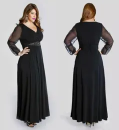 Black Chiffon Plus Size Prom Dress Oll Disusion Sleeves 2019 Cheap V Neck Beaded Sash Ankle Length 정식 드레스 사용자 정의 M5530961