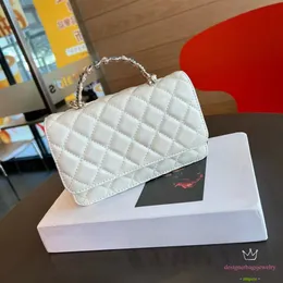 WOC 24P Pearl Handle Crossbody Bag Luxury Handbag Handheld Wealth Bag Diamond Grid Chain Handle Axelväska äkta läder Kvinnspåse Woc Wallet