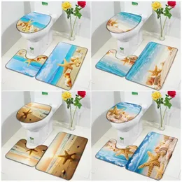 Bath Mats Beach Starfish Mat Set Ocean Conch Sea Waves Nature Scenery Bathroom Decor Carpet Non-Slip Rugs Toilet Lid Cover