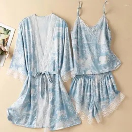 Ubranie domowe Summer żeńska piżama trzyczęściowy garnitur niebieski nadruk koronkowy szata w kąpieli Suknia Suknia szorstka