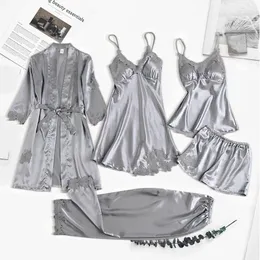 Home Clothing Women 5/4PCS Satin Lace Pajamas Set Strap Top Pants Sleepwear Suit Spring Autumn Pyjamas Wear Nightwear Robe Gown Big Size