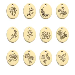 Rings Fnixtar 12pcs/lot 16*12mm Oval Laser Month Flowers Charms Mirror Polish Stainless Steel Charms for Diy Making Necklace Keychain