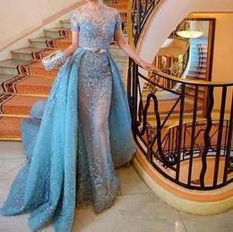 Zuhair Murad Light Sky Blue Evening Dress Fashion Design Lace Appliques Short Sleeve Overskirts Evening Gowns 2017 Charming Prom P9940918