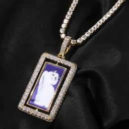 Top Quality Rotating Custom Photo Square Frame Pendant Necklace Hip Hop Full Iced Out Cubic Zirconia Fashion Personalized Diy Picture Couple Jewelry Gifts Collar