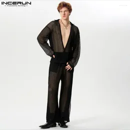 Erkek Trailtsits American Style Sexy Sets Dantel Hollow Teps Uzun Pantolon Günlük Partisi Erkekleri gösterir İki Parçalı S-5XL Incerun 2024