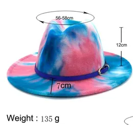 Stingy Brim Hats Tie Dye Jazz Cap Women Män bred formell man Panama Hat Kvinna Feed Fedora Caps Mens Trilby Lovers Fashion Accessories 5 DHW48