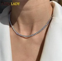 Thin m CZ 1 Row Shiny Tennis Chain Necklace HipHop Iced Out Bling Cubic Zircon Choker Jewelry Gold Color Plated For Women Men 22028962260