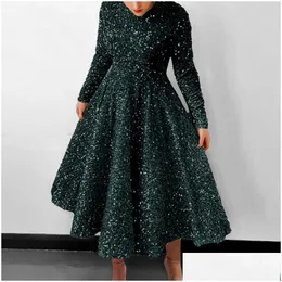 Basic Casual Dresses Sequin Dress Long Skirt Womens Round Neck Sleeve Veet Sparkly Pleated Cocktail V For Women Summer Drop Delivery A Dhtm2