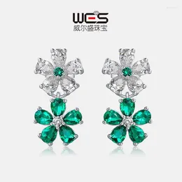 Stud Küpe Çiçek Emerald S925 Gümüş Kakma Ekili Renkli Hazine Avrupa ve Amerikan Modası