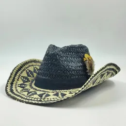 Beretti Western Cowboy Straw Cappello Feather for Men Fashion Great Brim Summer Sun Shade Jazz Sombrero Vaquero Hombr