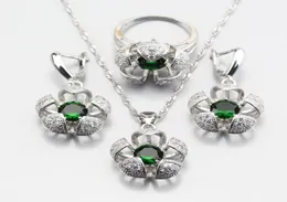 Earrings Necklace Selling ThreeDimensional Silver Color Green Created Emerald Flower Jewelry Sets For Women Ring 678910 JS38517123