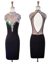 Vintage Black High Neck Short Cheap Cocktail Prom Dress With Short Sleeves Beaded Crystal Sheath Keyhole Back Evening Homecoming D6950555
