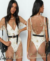 Casual Dress Womens Gold Sears Star Print Mesh Mini Bikini Cover Up Summer Sexy Short Sleeve Clubwear4312945