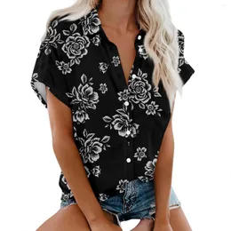 Damen T -Shirts Mode Casual Kurzarm Blumendruckknöpfe Revers Shirt Top Bluse Blusa Mujer Moda 2024 Roupas Plus Size Feminino