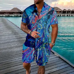 Erkek Trailtsits Hawaiian Sıvı Sanat Düğmesi Gömlek Şortları Setler Yaz çok renkli gündelik plaj hipster moda sokak giysisi eşofman