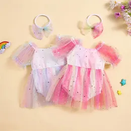 Vestidos de menina 0-24 meses de verão vestido de traje de verão curto manga de fôlego contraste de cor infantil tule com fita para a cabeça