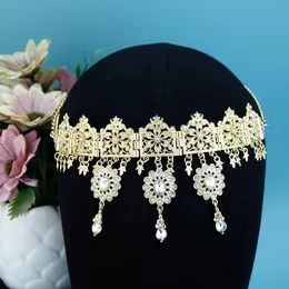 Sunspicems God Plated Arabic Bridal Hair Chain Water Drop Headbands Algerian Bride Hair Accessories Muslim Flower Forehead Chain 240410