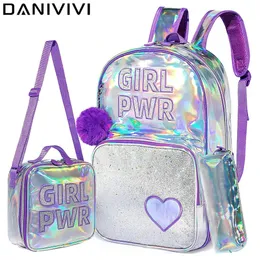 Escola Backpack Girls de 16 polegadas de lantejoulas com lancheira Mulheres de suprimentos de conjunto 240328