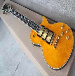 Factory Custom Yellow Electric Guitar With Flame Maple VeneerGold HardwareHHH PickupsCan be customized2298257