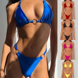 2024 New Swimsuit Sexy Bikini G-string Pants Nylon Bright Fabric Split Swimsuit