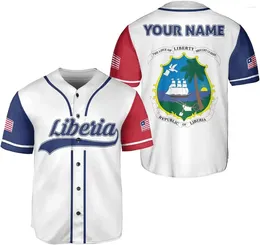 Mäns casual skjortor Anpassade namn Liberia Flag Badge Baseball Jersey Women's Short Sleeve Streetwear Sports T-shirt